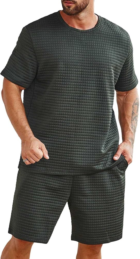 OYOANGLE Men's 2 Piece Outfits Round Neck Short Sleeve Tee and Drawstring Shorts with Pockets Sets