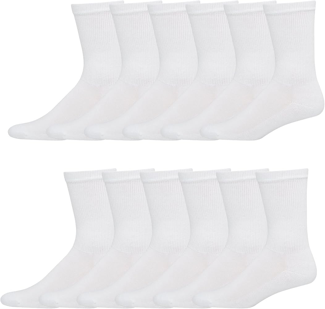 Hanes Mens Cushioned X-Temp Crew Socks 12-Pair Pack, 6-12, White