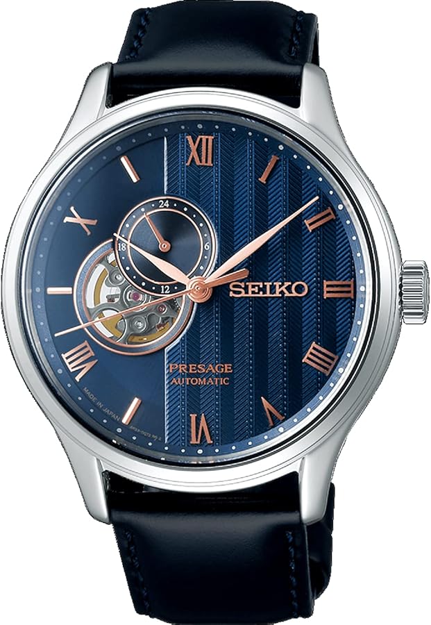 Seiko Presage Japanese Zen Garden Blue 'Sakura by Night' Open Heart Automatic Sapphire Leather Watch SSA421J1