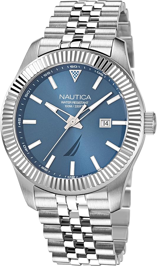 Nautica Men's Pacific Beach Watch with Date, Blue Silver Metal