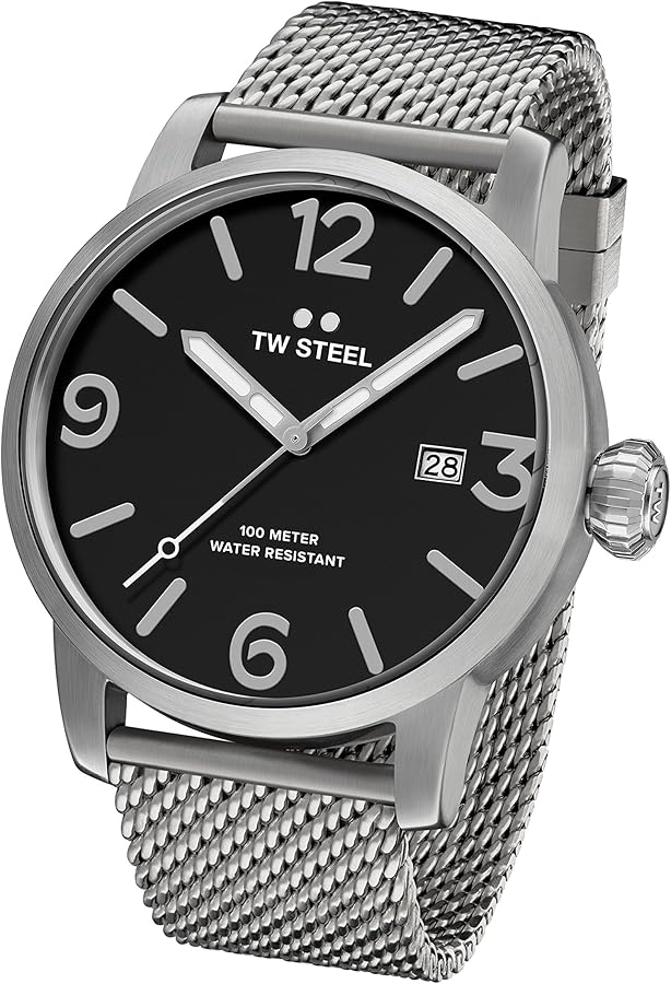 TW Steel Maverick Unisex Quartz Watch with Black Dial Analogue Display and Grey Stainless Steel Bracelet