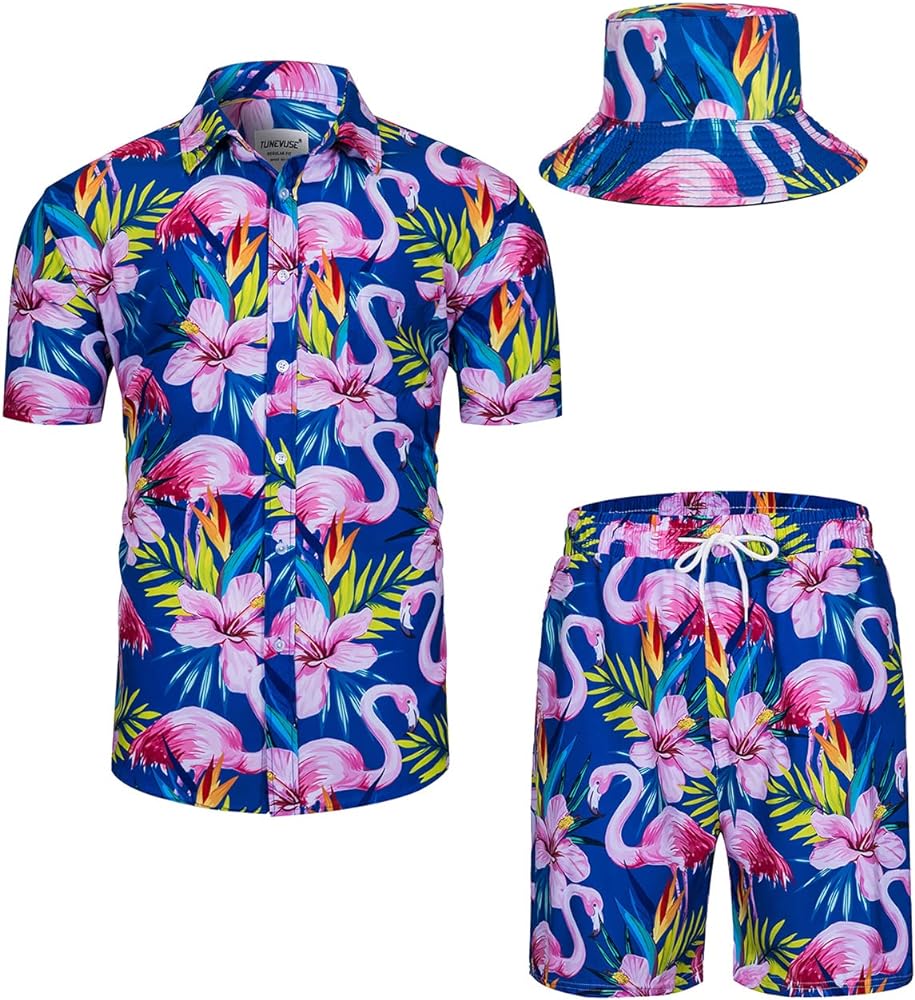 TUNEVUSE Mens Hawaiian Shirts and Shorts Set 2 Pieces Tropical Outfit Flower Print Button Down Beach Suit with Bucket Hats