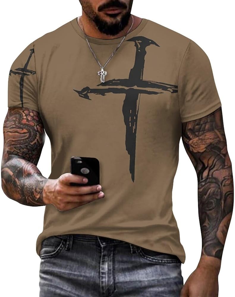 Mens T-Shirts Jesus Cross Faith Vintage Oil Painting Casual T-Shirts Summer Short Sleeve Crew Neck Christian Tops