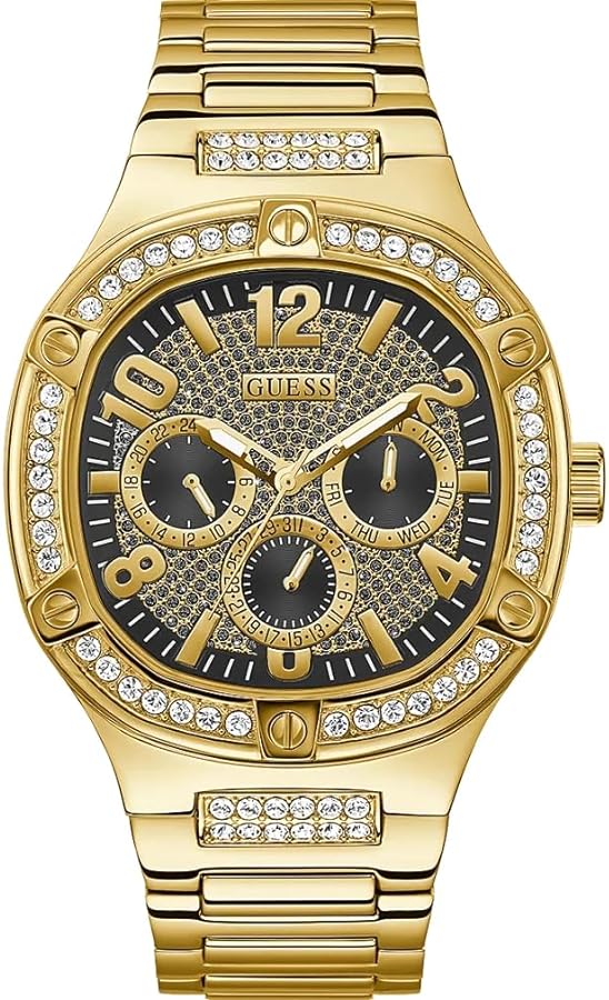 GUESS Men's 46mm Watch - Gold Tone Strap Black Dial Gold Tone Case