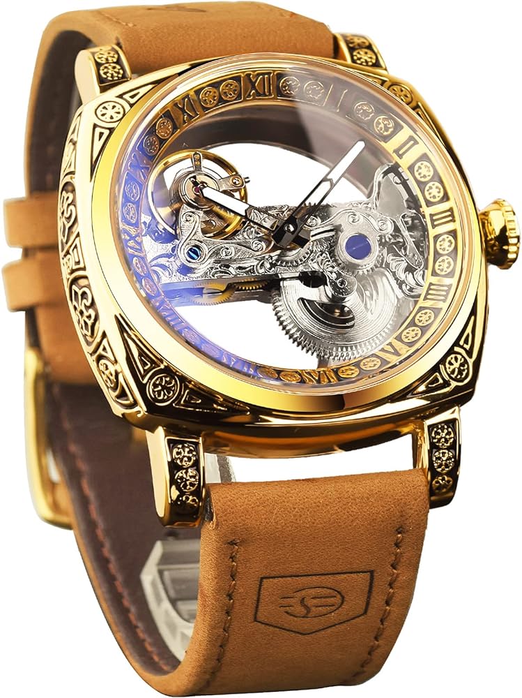 FORSINING Men's Luxury Square Carving Mechanical Watch, Retro Totem Double Sided Hollow Skeleton Self-Wind Automatic Watches, Vintage Leather Strap Wristwatch