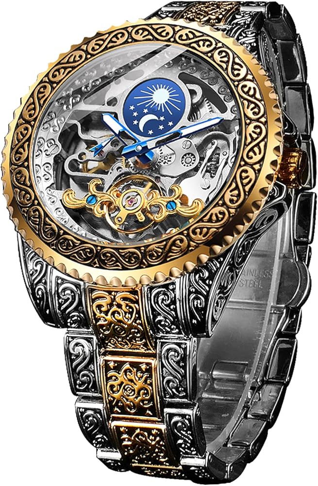 FORSINING Retro Watch for Men Carved Self-Wind Mechanical Tattoo Tourbillon Moon Phase Independent Seconds Skeleton Automatic Big Dial Wrist Watches