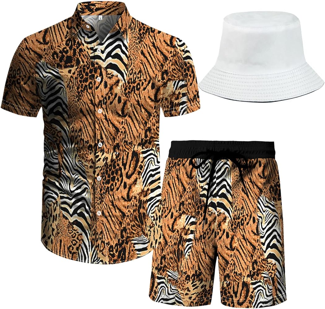 RPOVIG Beach Outfit Matching Shirts Shorts Men's Hawaiian Festival Floral Clothes 2 piece Sets with Bucket Hat