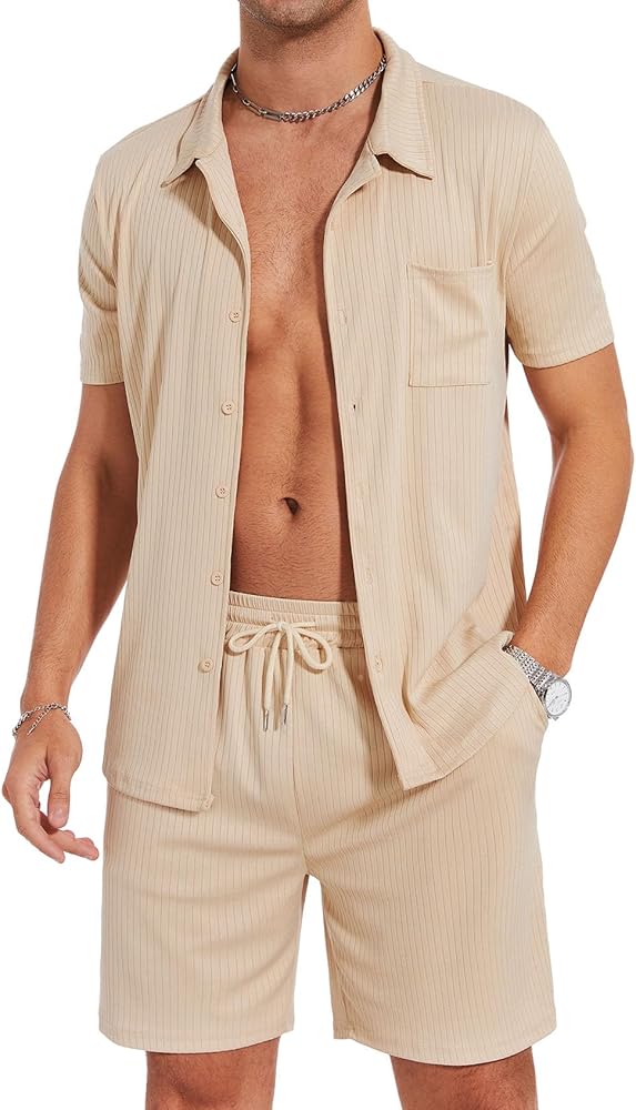 Flygo Mens Summer Beach Outfits Casual Button Down Shirt and Shorts Sets 2 Piece Vacation Outfits