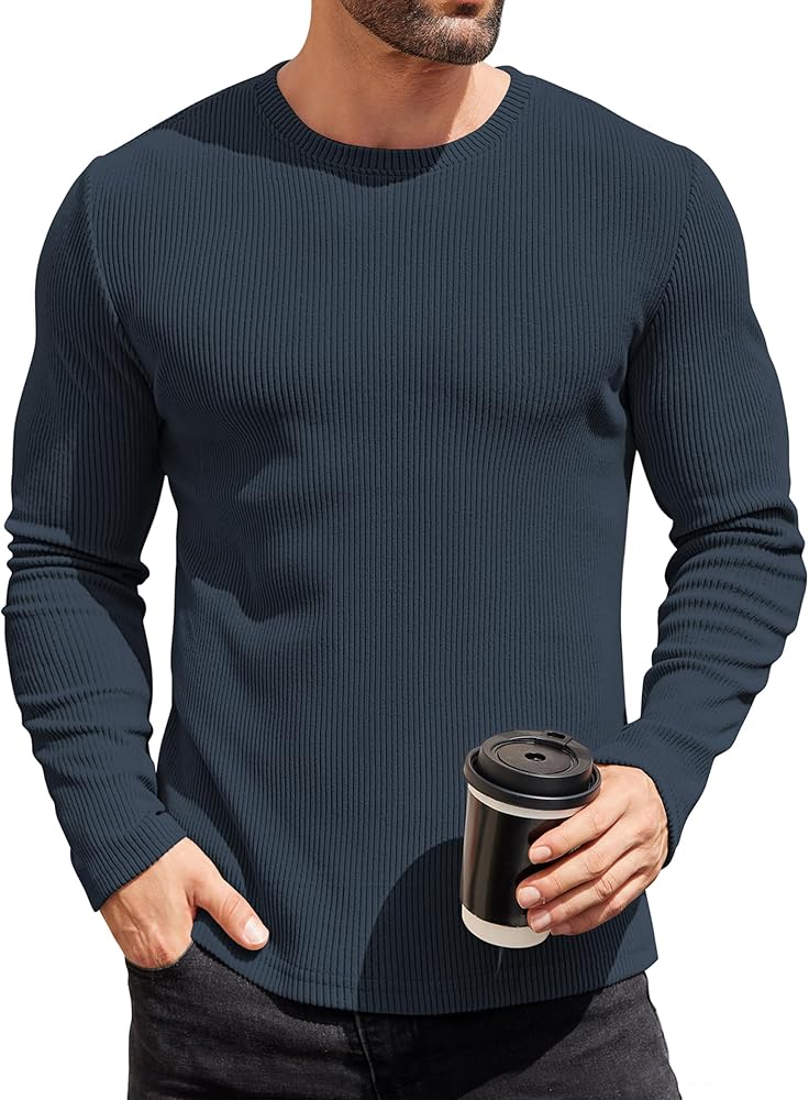 COOFANDY Mens Long Sleeve Shirts Thermal Underwear Slim Fit Undershirt Crewneck Sweater Base Layers Knitted Pullover T Shirt