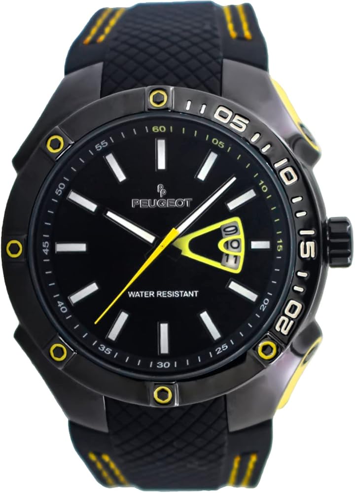 Peugeot Men Water Resistant Sports Watch with Calendar & Black Rubber Strap w/Yellow Stiching