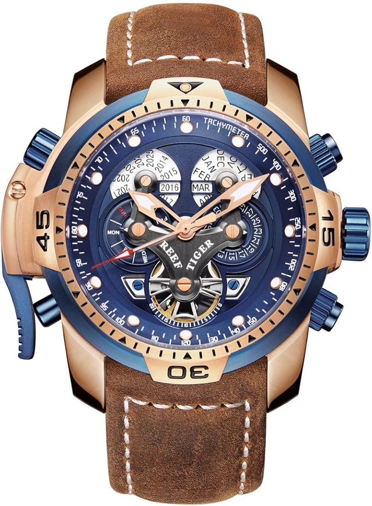 REEF TIGER Men's Military Watches Rose Gold Complicated Blue Dial Watch Automatic Sport Watches RGA3503