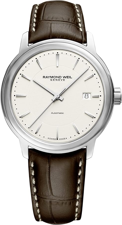 RAYMOND WEIL Maestro Men's Automatic Watch, Ivory Dial with Silver Indexes, Stainless Steel, Genuine Brown Leather Strap, 39.5mm (Model: 2237-STC-65011)