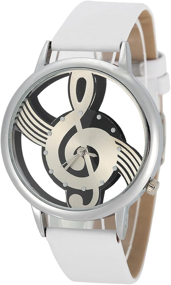 FILFEEL Watches for Men, Quartz Analog Couple Watch Round Hollow Musical Note Dial PU Strap Wristwatch (White)