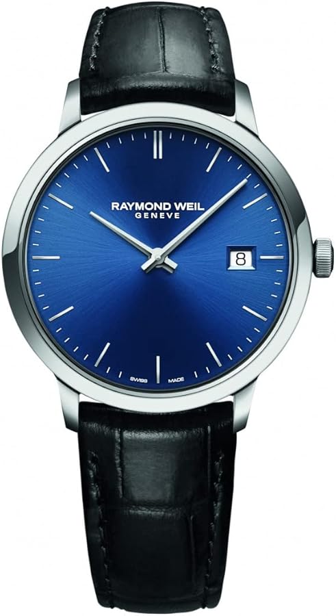 RAYMOND WEIL Toccata Classic Men's Watch, Quartz, Blue Dial, White Indexes, Stainless Steel, Genuine Black Leather Strap, 39 mm (Model: 5485-STC-50001)