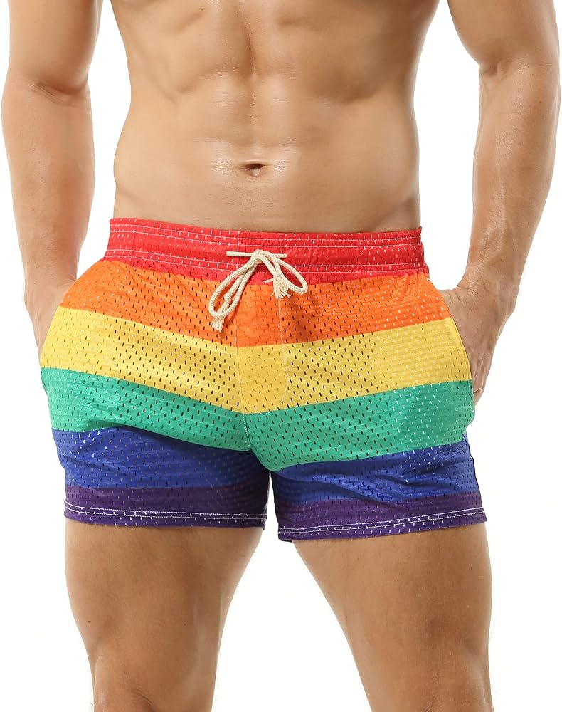 Mens Workout Shorts Rainbow Stripe Mesh Shorts 3 Inch Men Running Shorts Breathable with Pockets for Athletic Gym