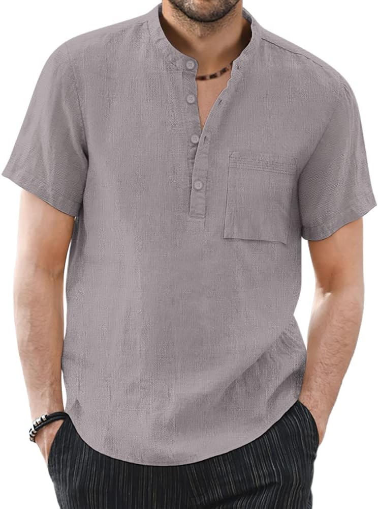 KUYIGO Men's Casual Short Long Sleeve Henley Shirts Linen Cotton Slim Button Regular Hippie Beach T-shirt Tops