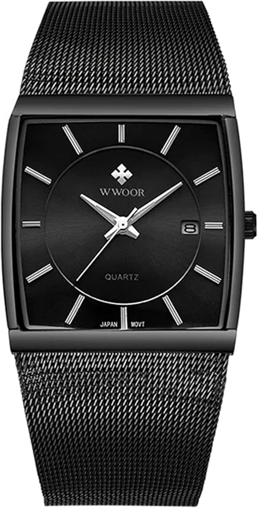 Gosasa Men Watch Classic Analog Quartz Date Stainless Steel Milanese Mesh Band Ultra-Thin Rectangle Dial Luminous