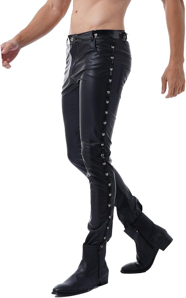 Men's Faux Leather Skinny Pants Stage Club Long Trousers Stretch Tight Gothic Leggings