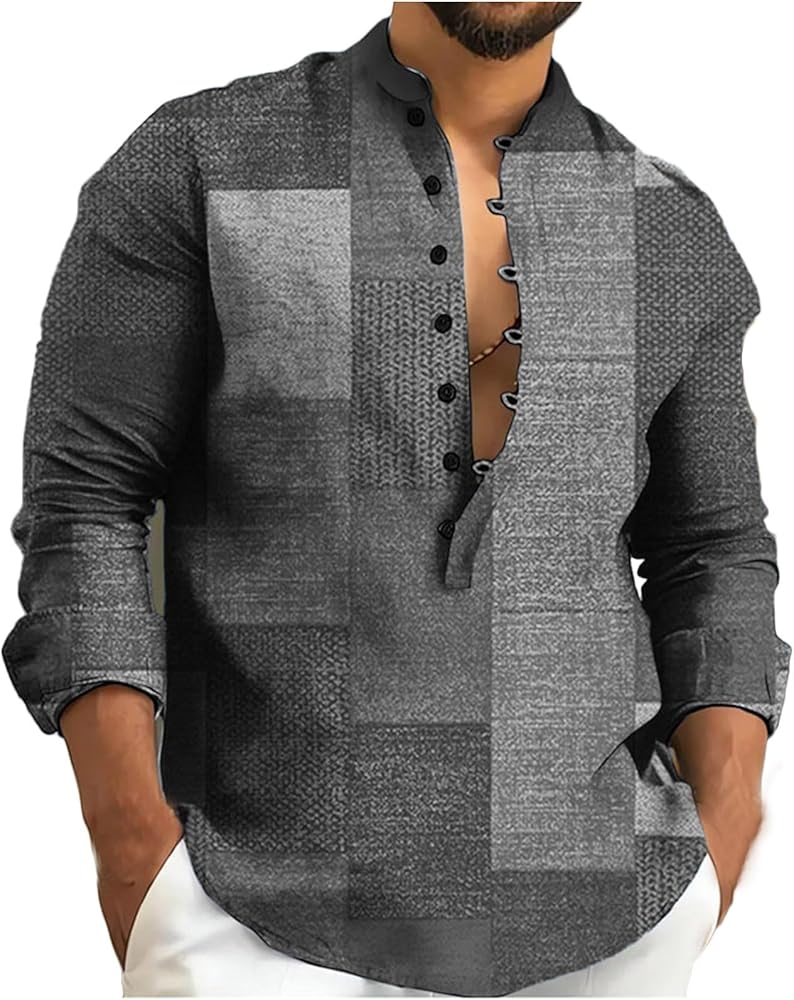 Long Sleeve Shirts for Men Cotton Western Aztec Ethnic Multi Buttons Shirt Causal Ethnic Print Color Block Shirt