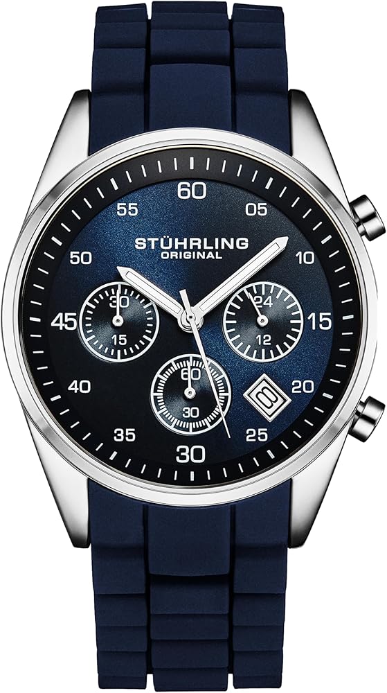 Stuhrling Original Men's Chronograph Watch with 42mm Case, Silicone Strap, Date Calendar, Water Resistant (Blue Silver)