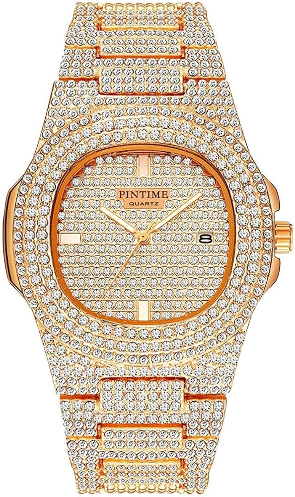 PINTIME Mens Diamond Watches Luxury Unisex Silver Gold Iced-Out Bling CZ Crystal Fashion Quartz Womens Watch