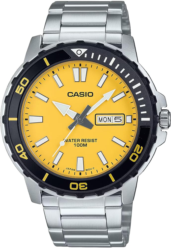 Casio MTD125D-9AV Men's Marine Sport Stainless Steel Yellow Dial Day Date 100M Analog Watch, Silver