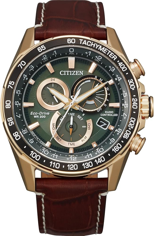 Citizen Eco-Drive PCAT Green Dial and Brown Leather Strap Watch | 43mm | CB5919-00X