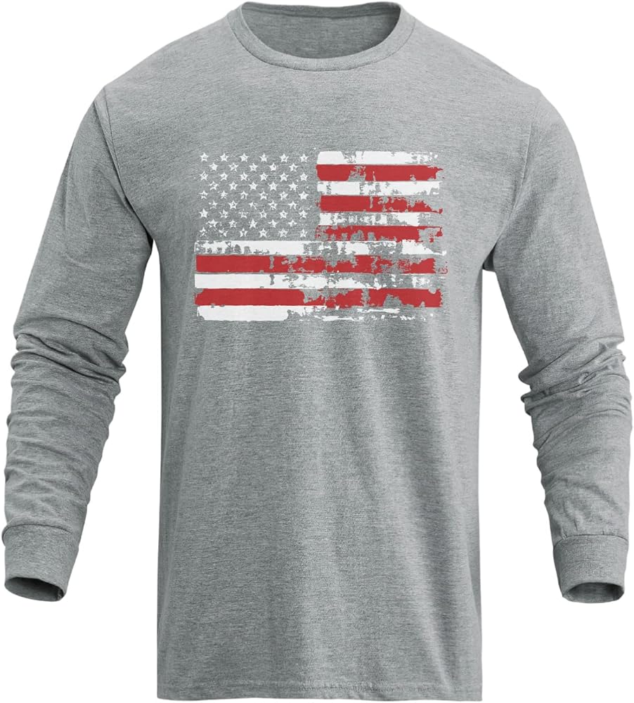 H HYFOL Men's Graphic T-Shirts USA Flag Cotton Long Sleeve American Patriotic Crewneck Regular Tee Shirts