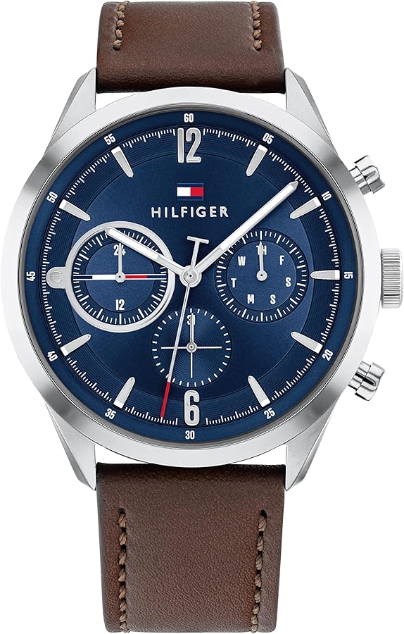 Tommy Hilfiger Men's Stainless Steel Quartz Watch with Leather Strap, Dark Brown, 22 (Model: 1791940)