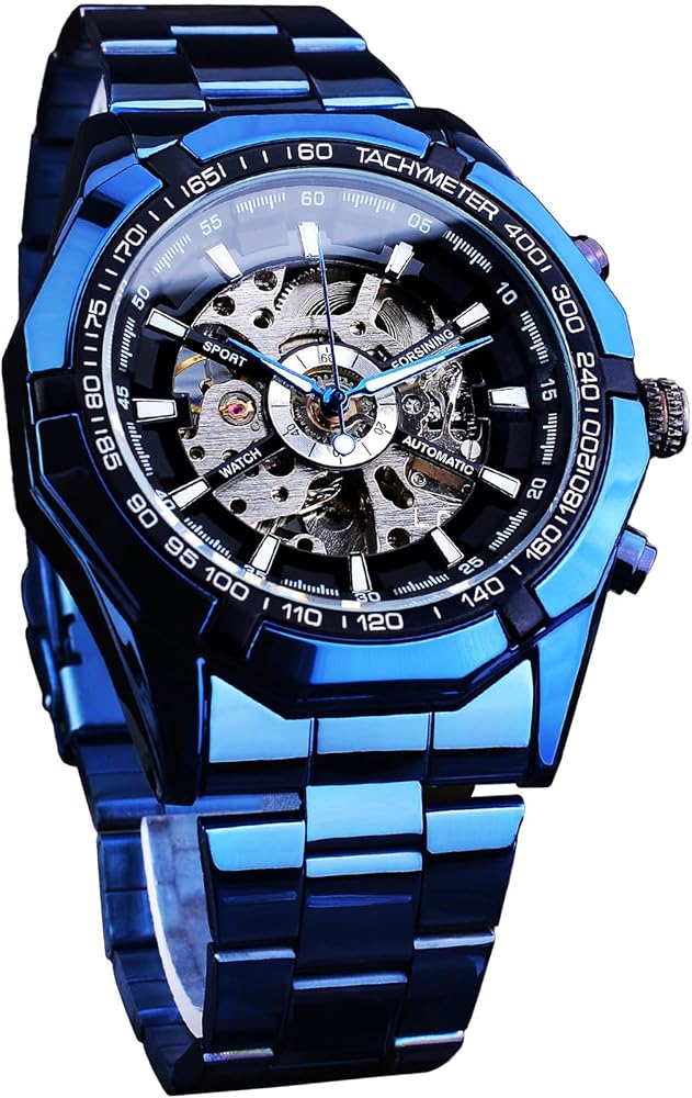 FORSINING Men's Watch Self-wind Skeleton Hollow Out Mechanical Automatic Luxury Watches, Blue Black Stainless Steel Band Waterproof Wristwatch