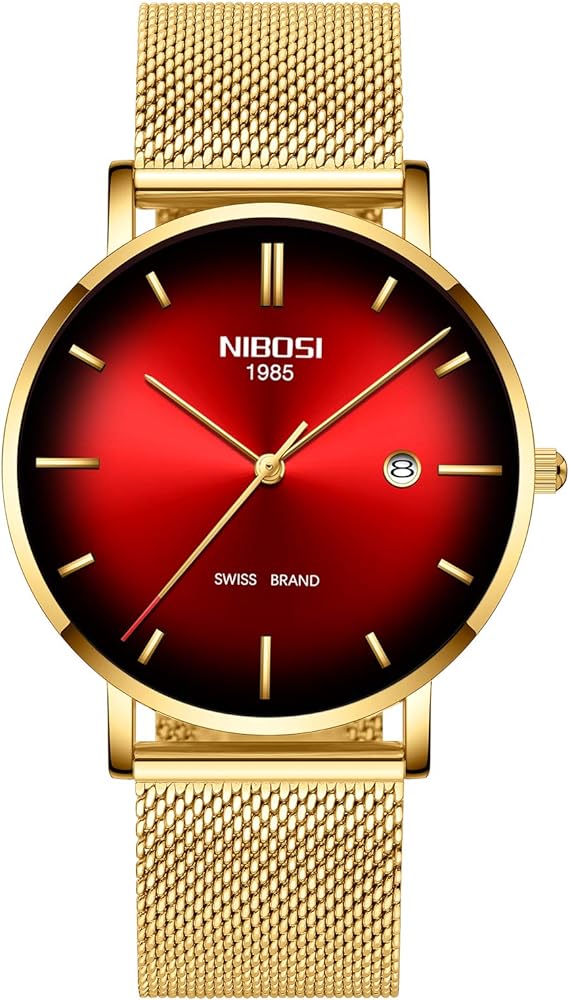 NIBOSI Mens Watch Ultra Thin Wrist Watches for Men Fashion Waterproof Dress Black Stainless Steel Band (Gold red)