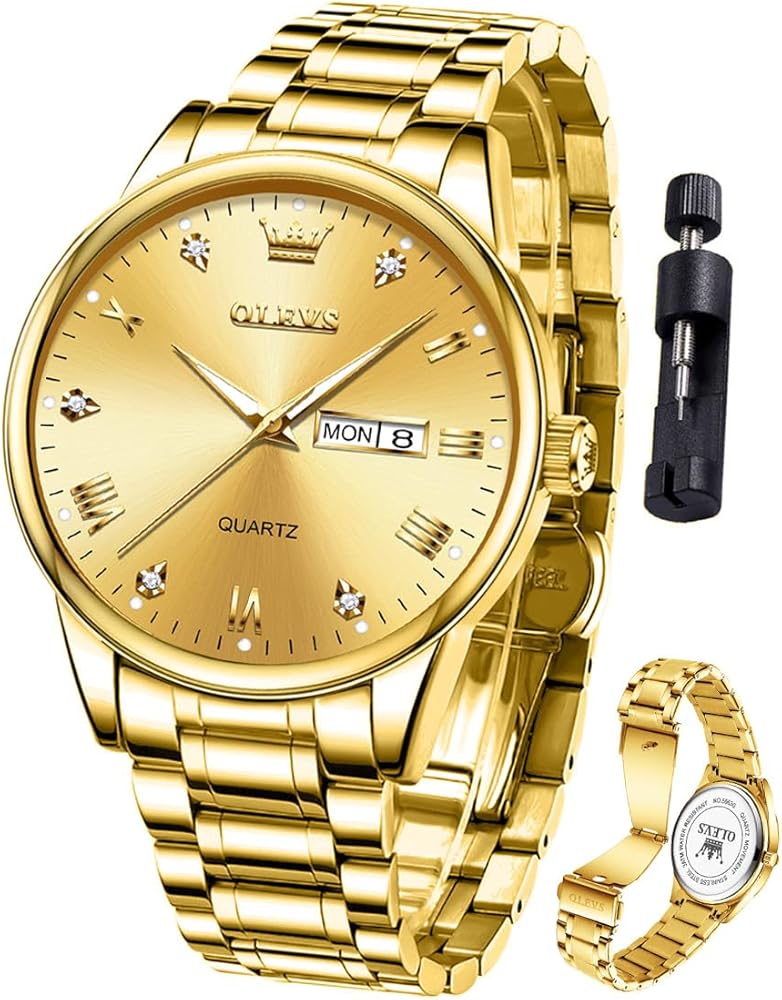 OLEVS Men's Luxury Watch Waterproof Luminous Easy Read Chronograph Watches Full Gold/White Dail/Black Face with Calendar Wristwatch