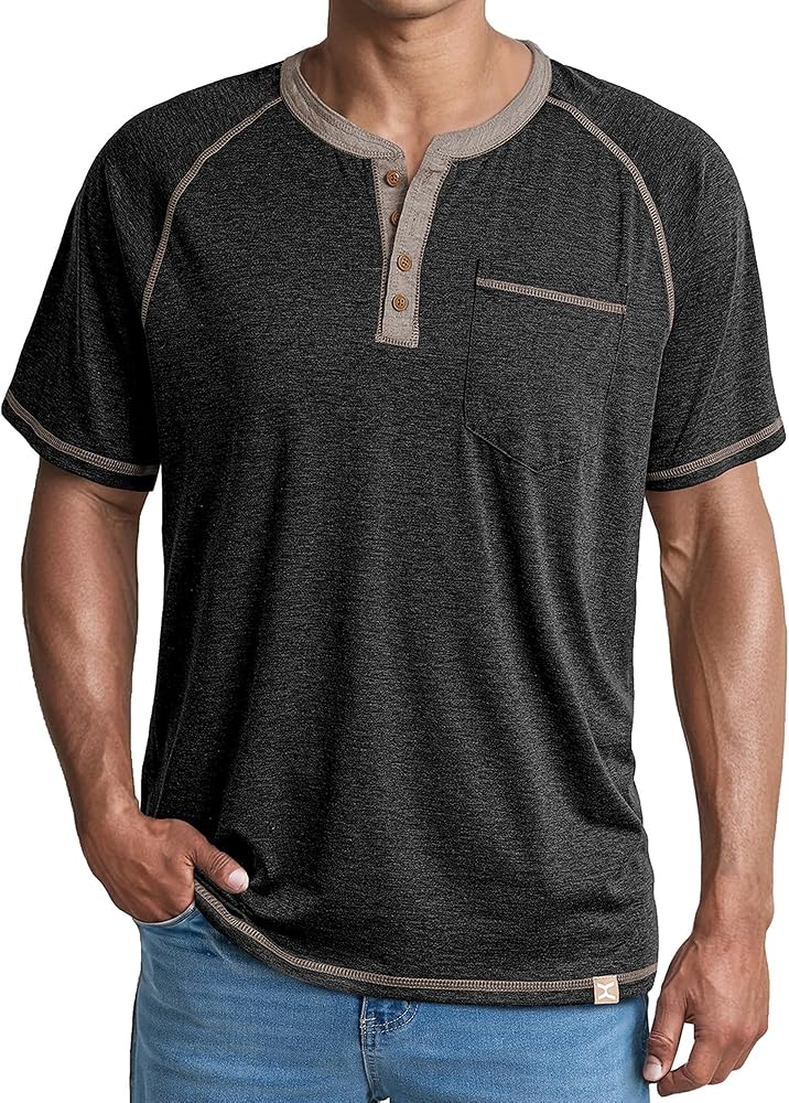 JMIERR Men's Henley Short Sleeve T-Shirt Cotton Casual Shirts with Pockets