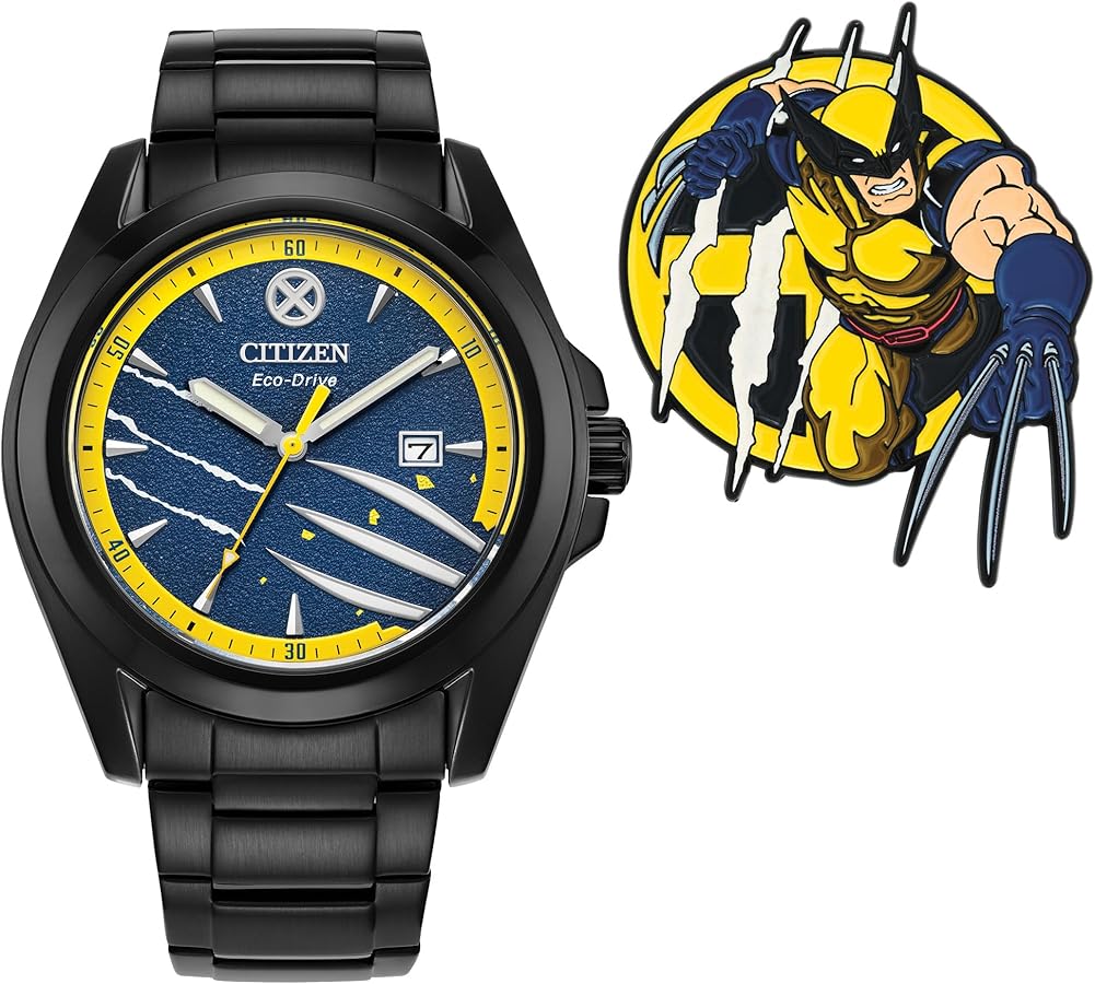 Citizen Men's Eco-Drive Marvel Wolverine Black Ion Plated Watch with Black Leather Strap and Pin Gift Set,Blue Dial, Luminous Hands, 42mm (Model: AW1435-66W)