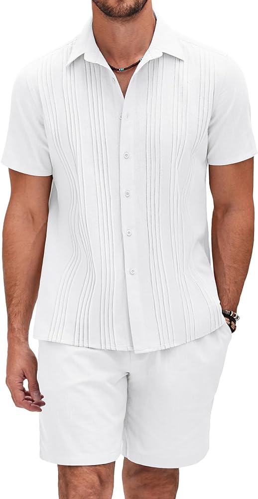 COOFANDY Men's Cotton Linen Sets Short Sleeve Pleats Guayabera Suits 2 Piece Button Down Shirt and Shorts Beach Outfits