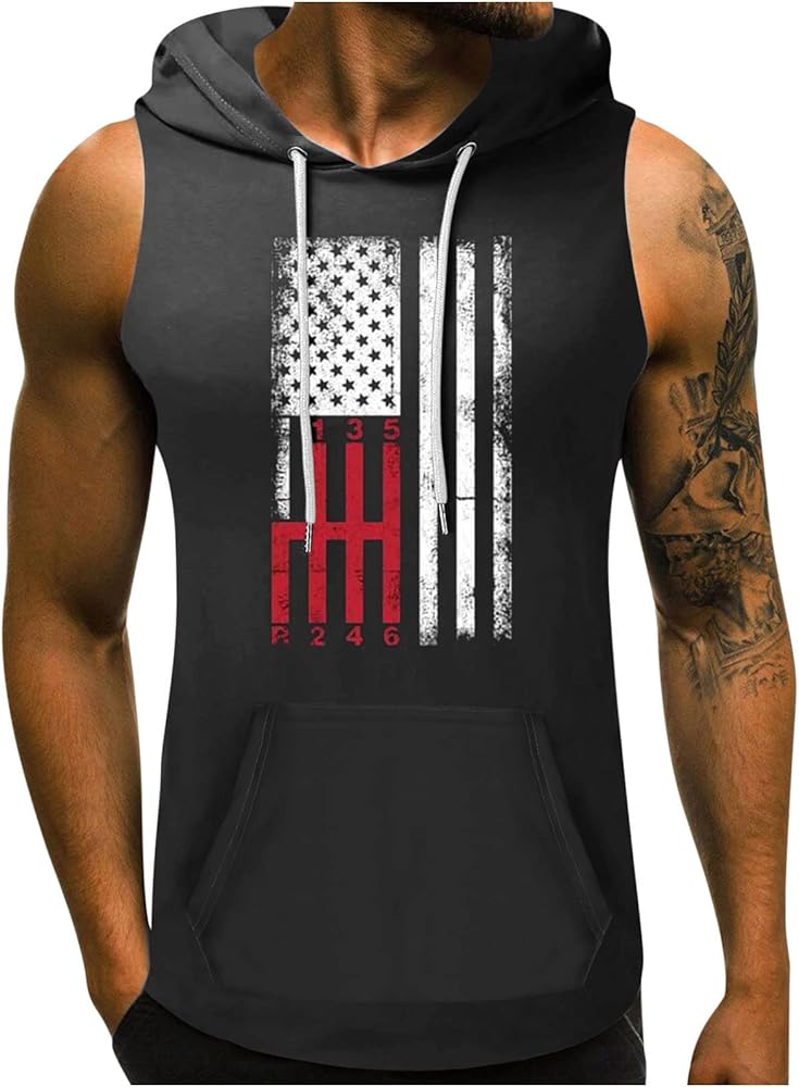 Men's Sleeveless Gym Hoodies Star Striped Print Hooded Tank Tops 4th of July T-Shirt Athletic Sports Hood Tanks Tee