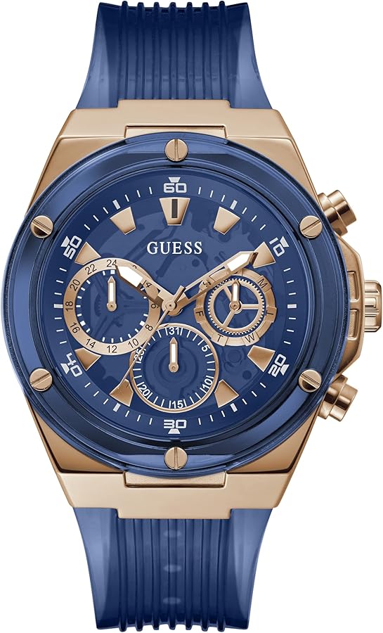 GUESS Men's Sport Multifunction 46mm Watch – Blue Dial Rose Gold-Tone Stainless Steel Case with Blue Bio-Based Polyurethane Strap