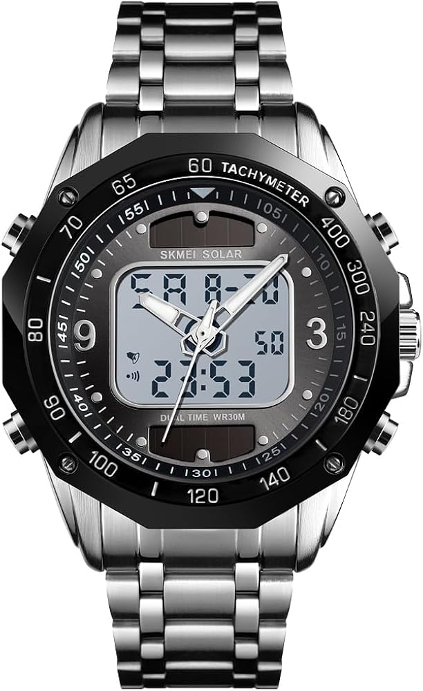 VIGOROSO Men's Solar Powered Quartz Stainless Steel Analog Digital Wrist Watch for Men