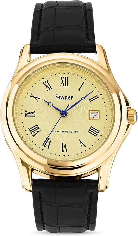 Stauer Metropolitan Watch for Men – Mens Watches w/Genuine Black Leather Band & Gold Finished Case – Water Resistant Watches – Stylish Gifts for Men