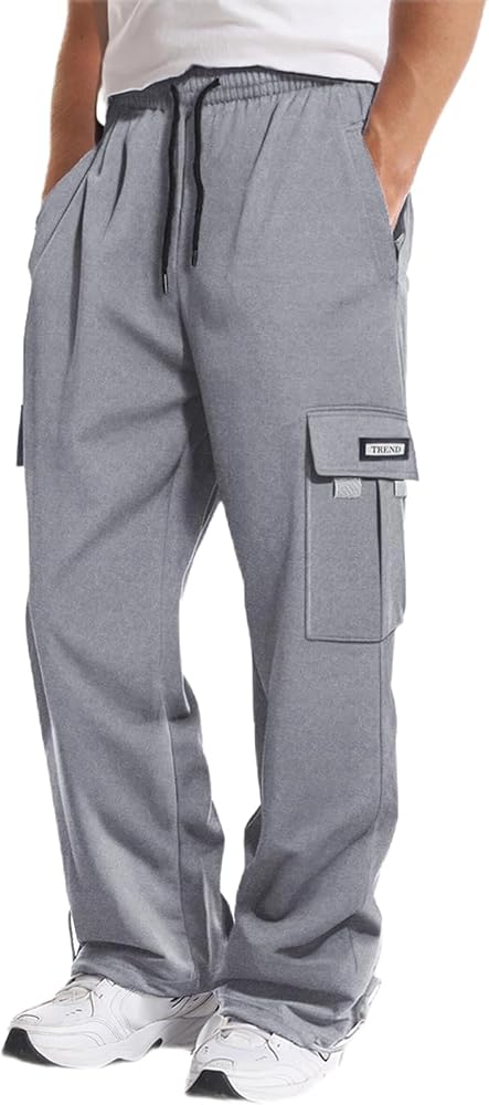 Men's Cargo Sweatpants Loose Fit Pants Joggers for Men with Pockets, Open Bottom Drawstring