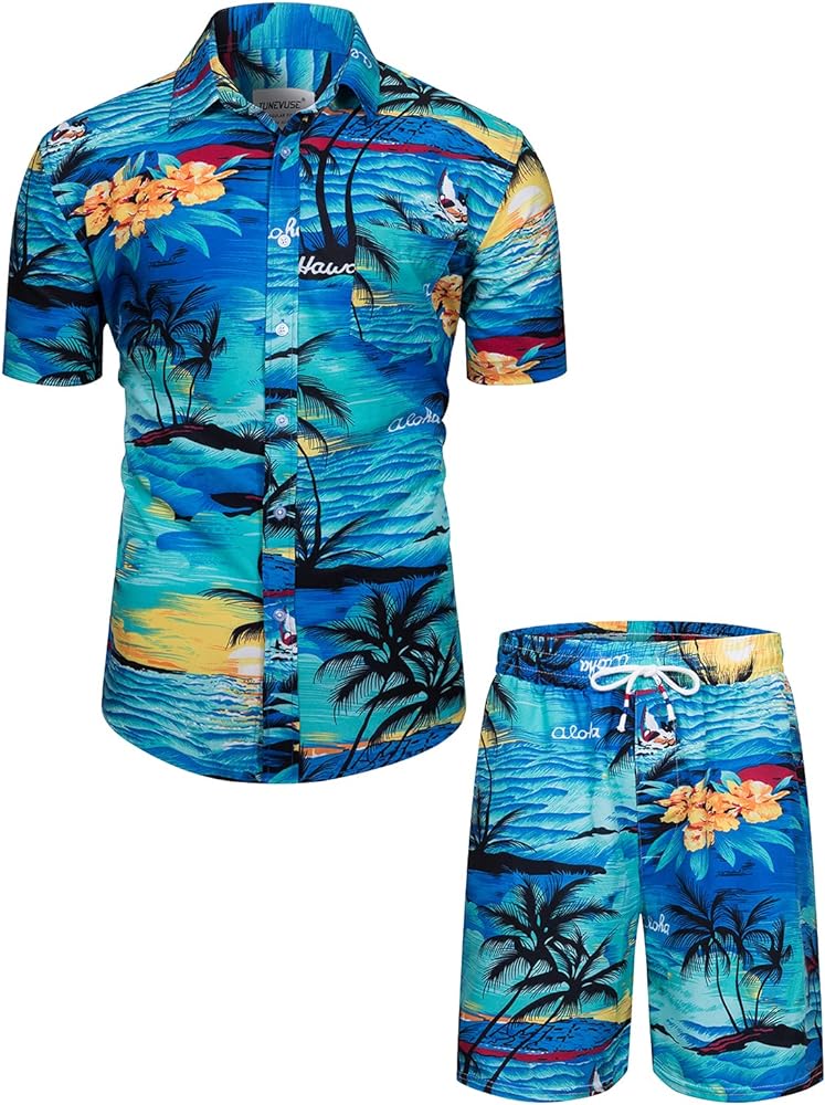 TUNEVUSE Mens Hawaiian Short Sleeve Shirt Suits Flower Print Suits Tropical 2PC Sets Button Down Shirts And Shorts Outfit