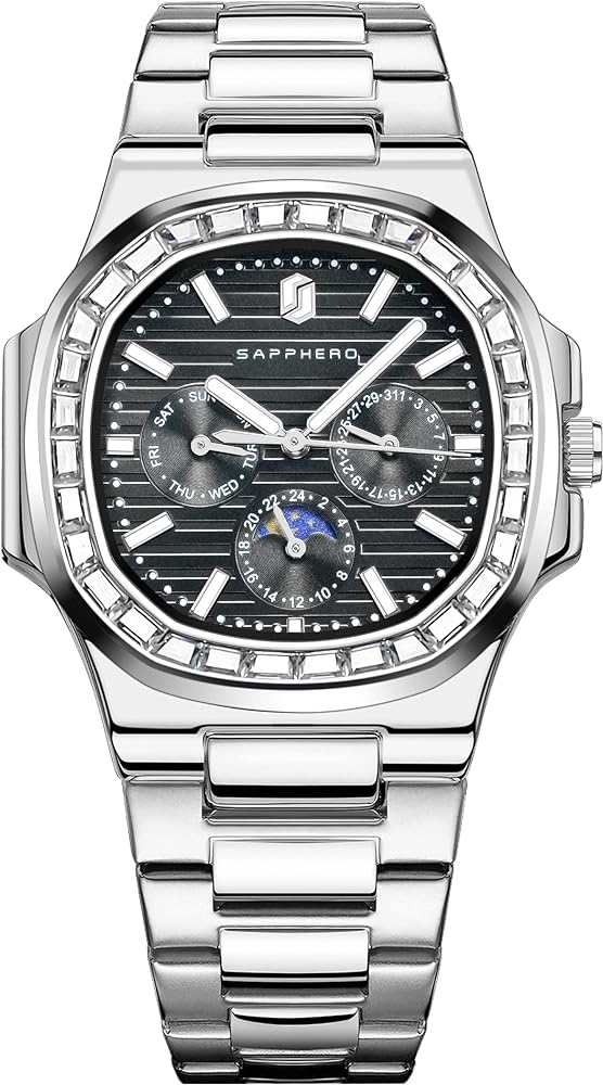 SAPPHERO Watches for Men Analog Watch Mens Watches Waterproof Watch Diamond Watch Quartz Date Display Men's Wrist Watches Stainless Steel Casual Luxury Gifts for Men Unique Mens Dress Watch