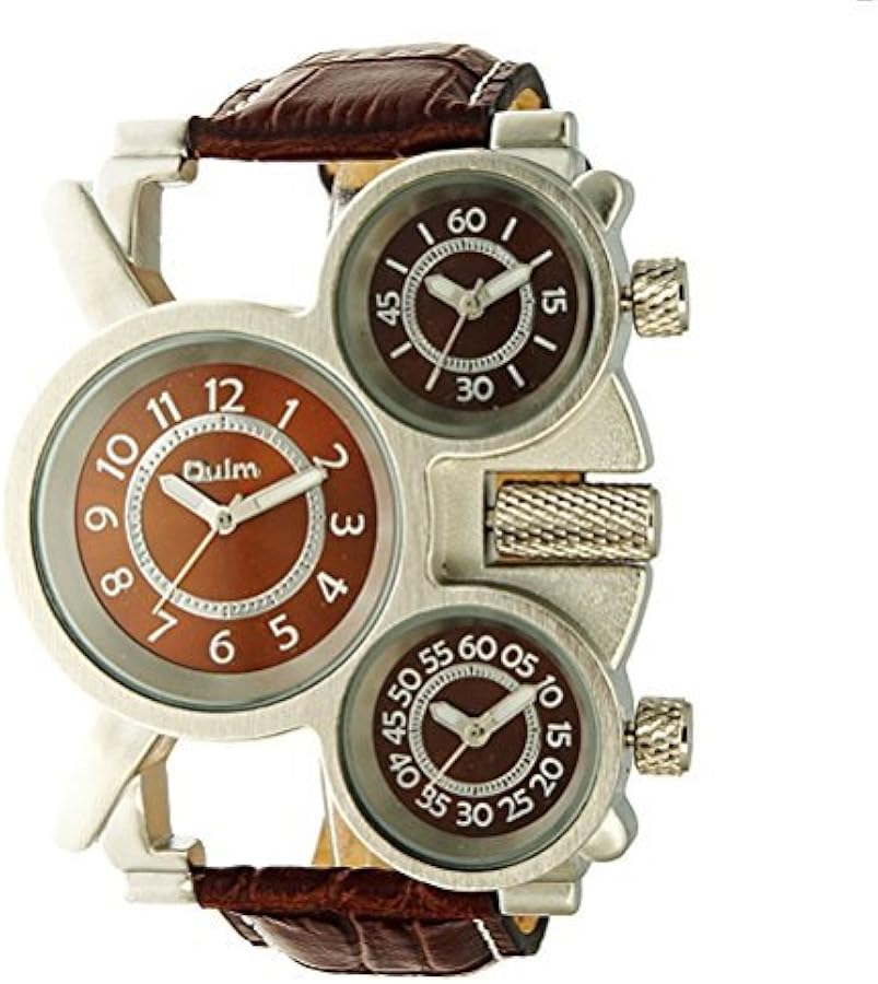 Oulm Three Time Display Quartz Mens Military Army Sport Wrist Watch Coffee