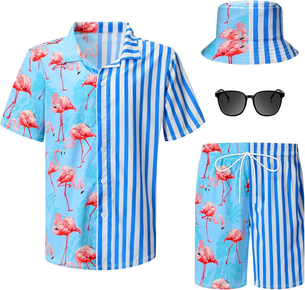 Harloon 4 Pcs Men Hawaiian Shirt and Short Set Flamingo Casual Button Down Summer Beach Outfit with Bucket Hat and Sunglasses