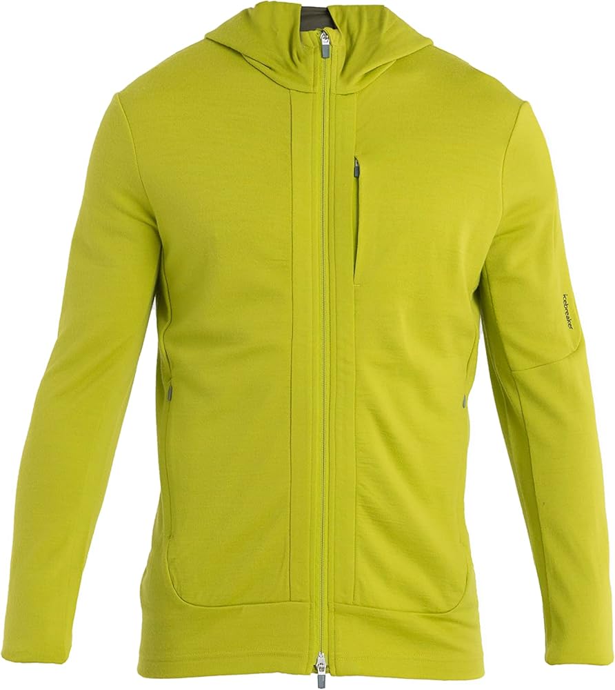 Icebreaker Merino Quantum III Zip Up Hoodie for Men, 100% Merino Wool, Long Sleeve Men’s Zip-Up Sweater with Zippered Pockets, Thumb Loops - Athletic Sweatshirt, Bio Lime/Loden/CB, Medium