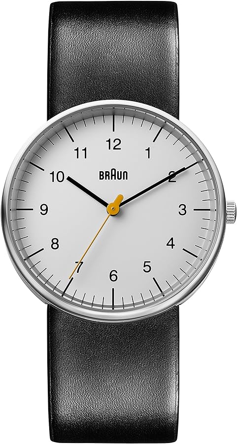 Braun Mens 3-Hand Analogue Quartz Watch, White Dial and Black Leather Strap, 38mm Stainless Steel Case, model BN0021BKG.