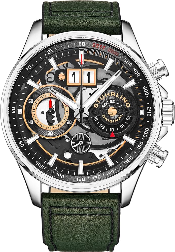 Stuhrling Original Mens Chronograph Aviator Watch - Skeleton Pilot Watch with Tachymeter and Leather Strap Dress Watches Ace Aviator 45mm Watch