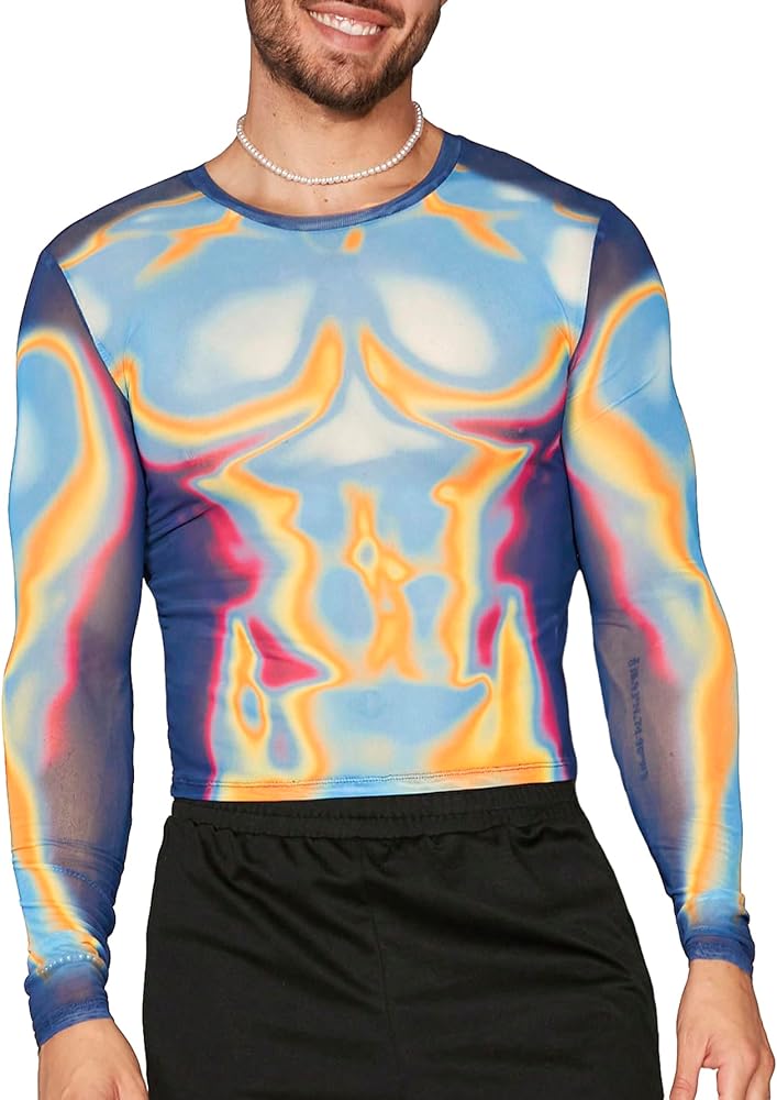 OYOANGLE Men's See Through Long Sleeve Round Neck T Shirts Sheer Mesh Partywear Rave Crop Tops