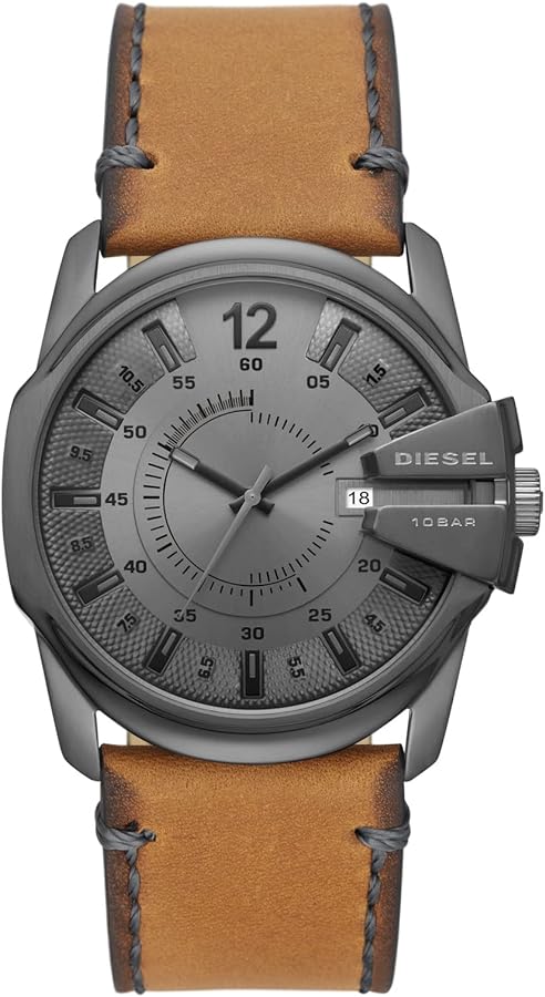 Diesel Master Chief Stainless Steel and Leather Three-Hand Analog Men's Watch, Color: Gunmetal, Tan (Model: DZ1964)