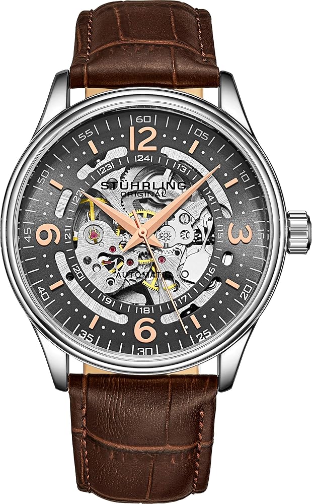 Stuhrling Original Men's Automatic Skeleton Dress Watch Genuine Leather Band with self Winding Mechanical Movement